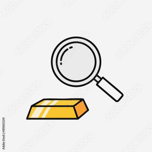 A magnifying glass examines a gold bar, symbolizing financial analysis, wealth, investment, and the search for valuable assets in the economy.