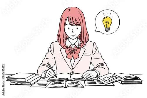 勉強している女子高校生（ブレザー・電球）,アイデア,解決,勉強中,受験,気づき,ひらめき,シンプル,ベクター,女子学生
