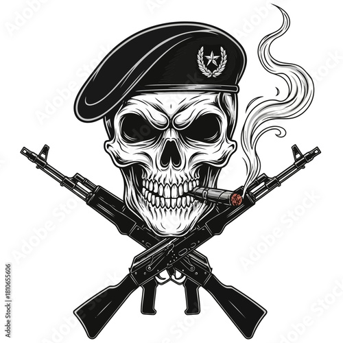 Skull with crossed assault rifles isolated on grim reaper with cigar in mouth and military beret on head vector illustration
