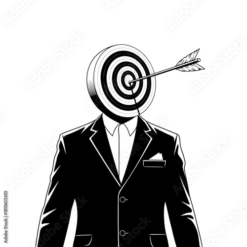 Businessman with target instead of head isolated on arrow pierces target concept of achieving goal vector illustration