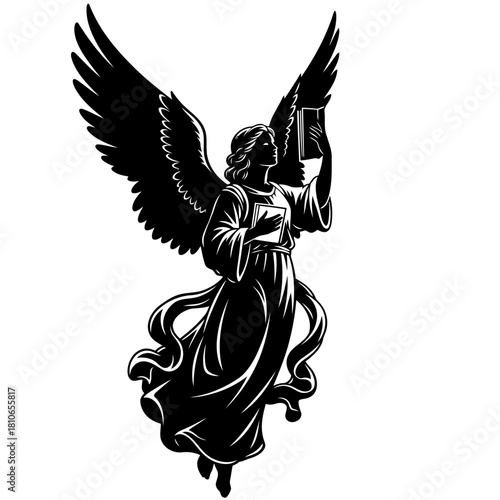 Elegant silhouette of an angel with wings holding a book, symbolizing guidance, inspiration, and divine presence isolated on