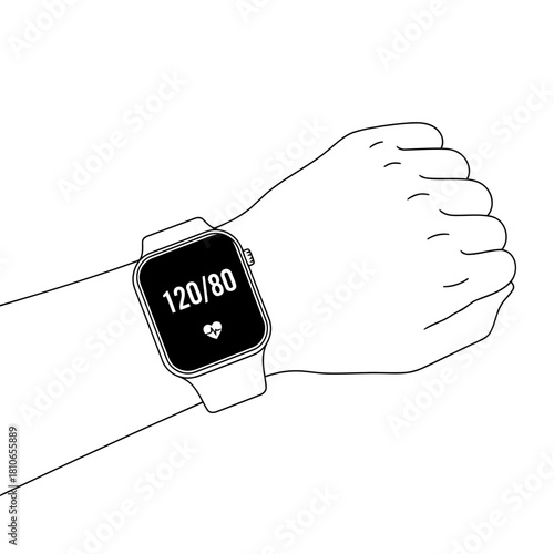 A hand wearing a smart watch showing blood pressure isolated on the watch displays a reading of 120 over 80 with a heart icon