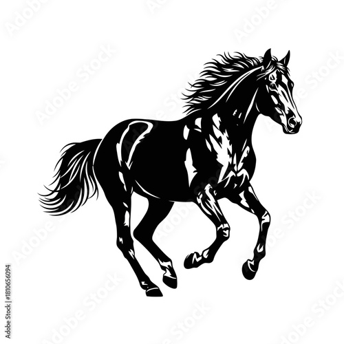 A majestic black horse gallops gracefully, its powerful muscles rippling beneath its sleek coat, isolated on