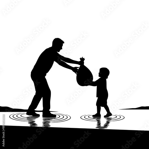 Silhouette of a father and child cleaning up trash isolated on, demonstrating environmental responsibility and family values in action