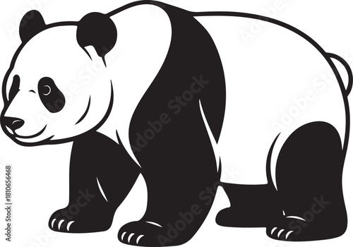 Black and white vector illustration of a panda bear walking with its head turned to the left