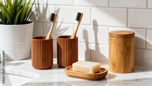 Bamboo bathroom accessories including toothbrush holders, soap dish, and container on a marble countertop with white tiled wall