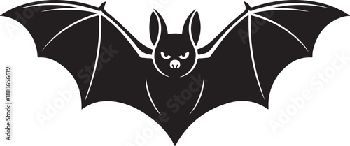 Black silhouette of a bat with outstretched wings and an angry face on a white background