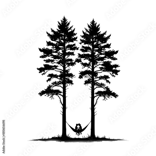 Silhouette of a couple relaxing in a hammock between two pine trees, capturing a serene moment in nature isolated on