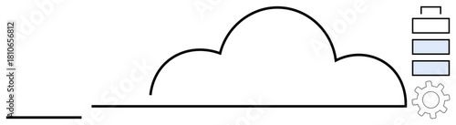 Cloud motif with horizontal line, database stack, and gear symbolizing data storage, system management, and technology. Ideal for IT, connectivity, cloud services, innovation storage networking