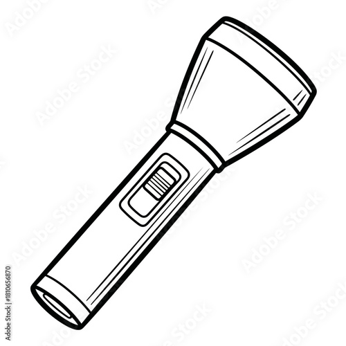 A black and white line drawing of a flashlight, isolated on, showcasing its cylindrical body, switch, and bulbous head