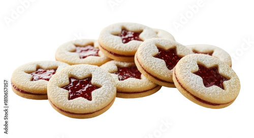 Pile of Linzer cookies filled with jam and dusted with sugar on white background