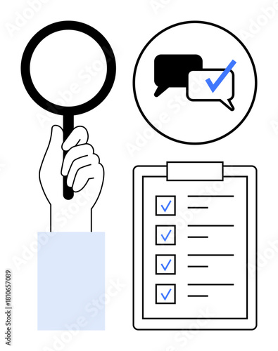 Magnifying glass symbolizes evaluation, checklist represents task completion, and speech bubbles convey communication. Ideal for productivity, inspection, planning, analysis, teamwork, organization