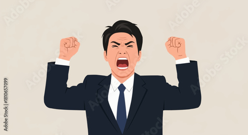 Angry Businessman Shouting and Raising Fists in Frustration.