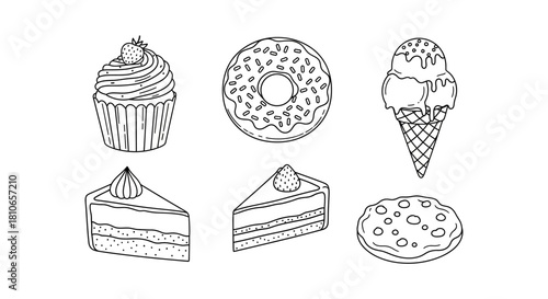 Delicious Dessert Line Art - Cupcake, Donut, Ice Cream, Cake, Cookie.