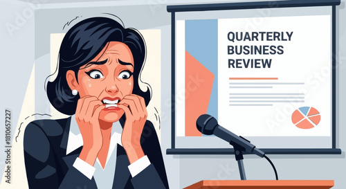 Anxious Businesswoman Facing Public Speaking Fear at Quarterly Business Review.