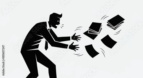 Man in Suit Frantically Trying to Catch Flying Papers.