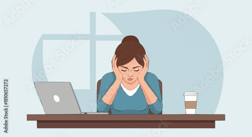 Woman feeling stressed and overwhelmed at her desk with a laptop.