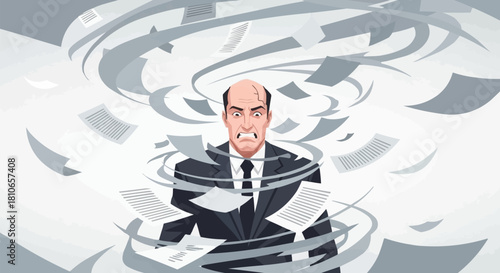 Stressed businessman overwhelmed by paperwork and office chaos.