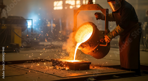 Molten metal being poured from foundry crucible onto surface in industrial manufacturing process wit 99831812 1