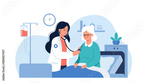 Doctor Examining Elderly Patient in Hospital Bed with Stethoscope.