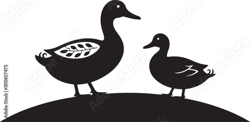 Black silhouette of two ducks one large one small standing on a curved ground with decorative elements on wings