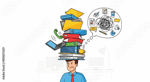 Man Balancing Stack of Office Supplies and Feeling Overwhelmed.