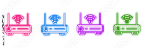 Neon glowing WiFi router vector icons set, internet, wireless, network, connectivity, modern, technology, digital glow illustration on dark background.
