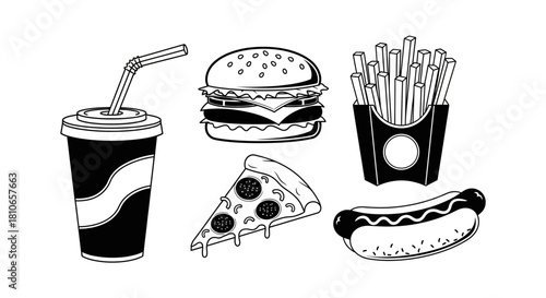 Fast Food Collection - Burger, Fries, Pizza, Hotdog, and Soda.