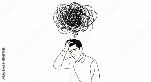 Man with tangled thoughts in head representing confusion and stress.