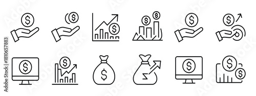money income thin line icon set, vector illustration including growth, chart, investment, payment, earnings, and financial analysis icons, suitable for accounting visuals, business reports.
