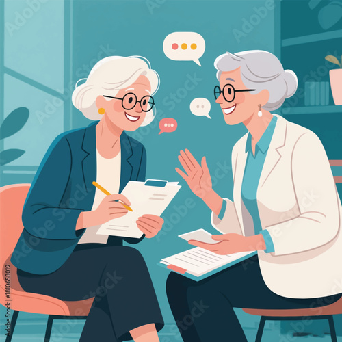 Senior Mother is Consulting Illustrator Artwork Banner Background Design Template 