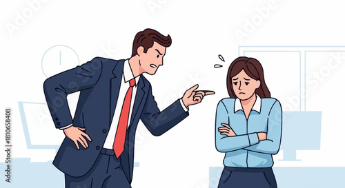 Angry boss scolding a sad employee in the office.