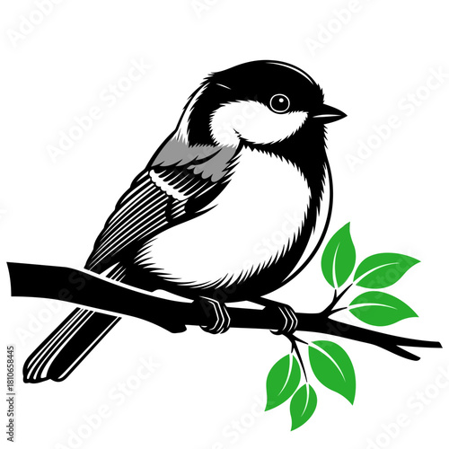 Charming illustration of a chickadee perched on a branch with vibrant green leaves, isolated on ideal for naturethemed designs