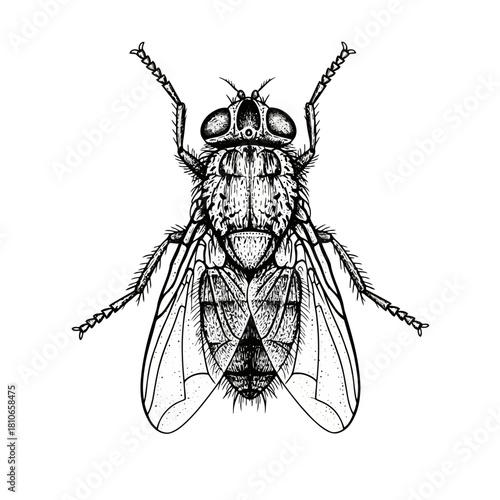 Detailed illustration of a housefly, showcasing intricate details of its anatomy, isolated on perfect for educational or artistic use