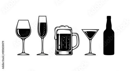 Variety of Alcoholic Beverages - Wine, Champagne, Beer, Martini, and Bottle.