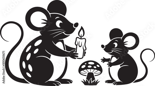 Two black mice one holding a lit candle near a mushroom illustration mouse rodent