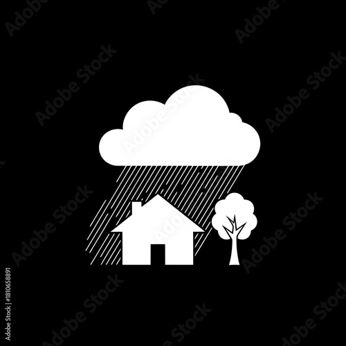 Illustration of a house in the rain with a tree isolated on, depicting weather conditions and environmental elements