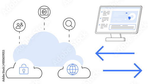 Digital symbols and arrows connecting desktop interface to cloud icons for user, security, and global data sharing. Ideal for technology, data exchange, cloud storage, remote work, SaaS, software