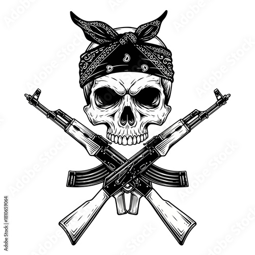 Skull with a bandana and crossed assault rifles isolated on is a symbol of danger, rebellion, and a tough, rebellious spirit
