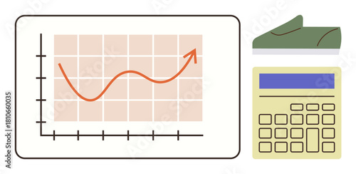 Line graph with upward trend, calculator, and shoe for growth analysis, market trends, and business planning. Ideal for finance, sales, budget, economics retail analytics simple flat metaphor