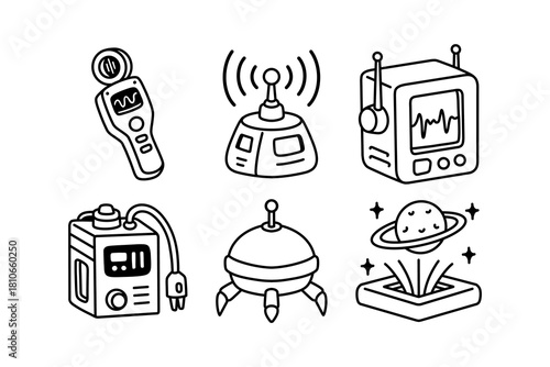 Astronaut scanner, transmitter, monitor, energy unit, robot, holographic outline icon set for galaxy. Space sci fi gadgets line art element design pack. Cosmic tech instrument doodle symbol bundle.