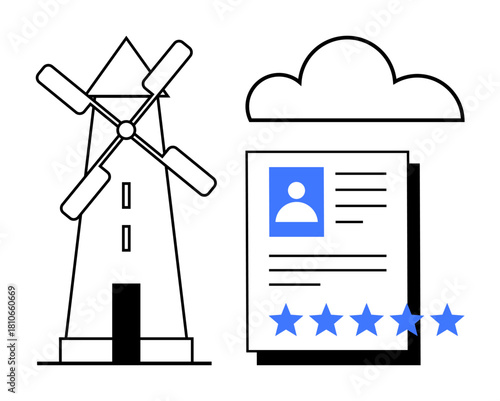 Windmill and cloud connect renewable energy and digital storage while user profile with stars highlights reputation and reviews. Ideal for technology, environment, data, identity, profiles, cloud