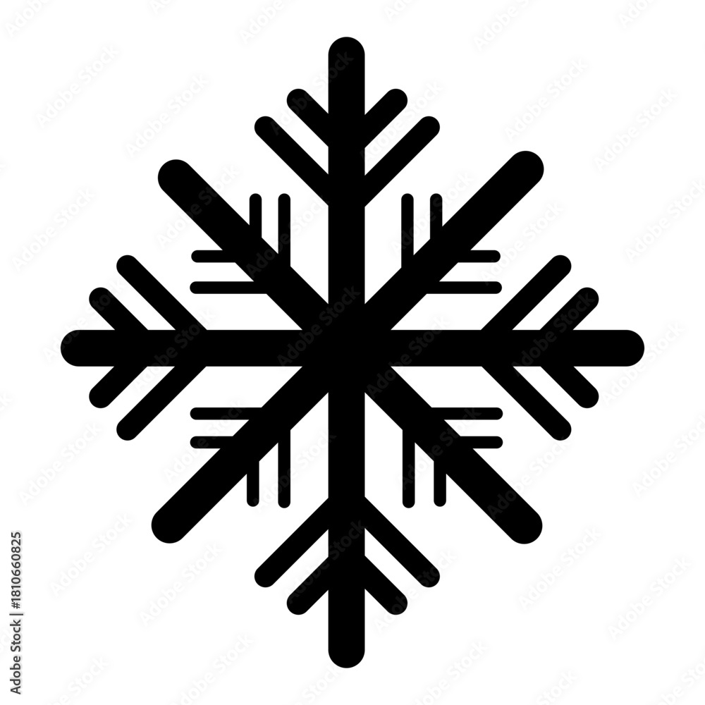 Fototapeta premium Black Snowflake Icon. Minimalist vector symbol representing winter, cold weather, and Christmas. Perfect graphic element for weather apps, seasonal decoration, winter sports design, holiday cards.
