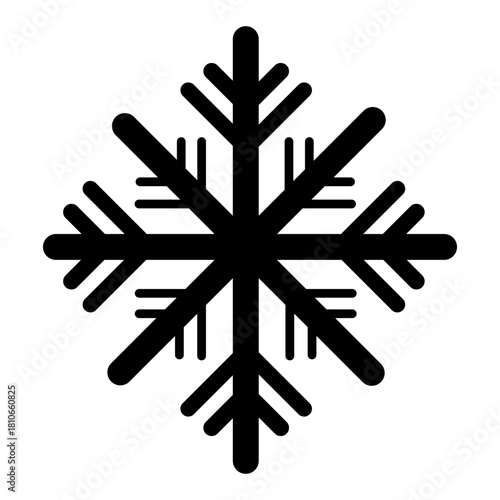 Black Snowflake Icon. Minimalist vector symbol representing winter, cold weather, and Christmas. Perfect graphic element for weather apps, seasonal decoration, winter sports design, holiday cards.