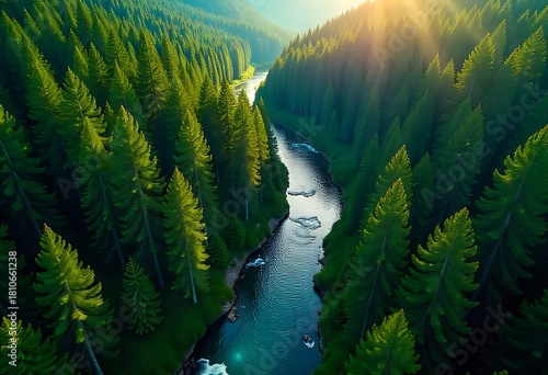 Aerial view of a river flowing through a lush green forest with sunlight