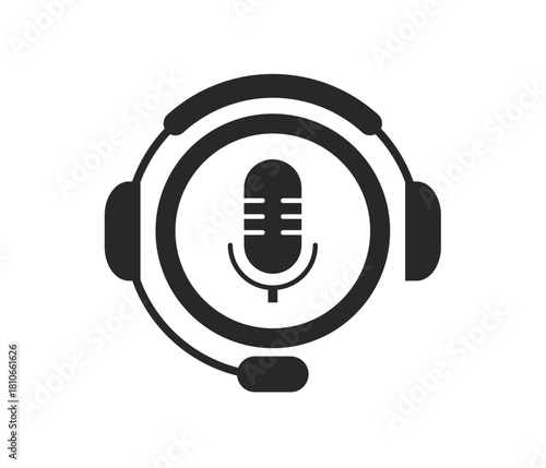 Simple line-art illustration of a customer service or VOIP headset. The design highlights both listening and speaking components, often used for technical assistance or contact centers.