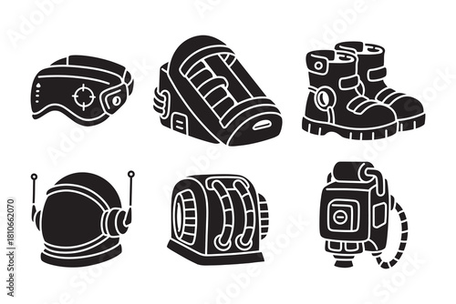 Astronaut glasses, module, boots, headgear, energy unit, launcher silhouette icon set for space. Cosmic mission wear and gear solid element design pack. Galaxy suit accessories glyph symbol bundle.