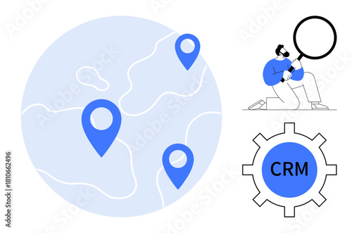 Map with location markers, magnifying glass, CRM gear icon representing client management, data tracking, and service optimization. Ideal for business, marketing, analytics, collaboration