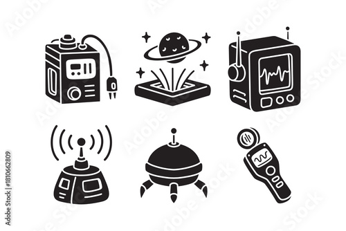 Space charger unit, holographic, monitor, transmitter, robot, scanner silhouette icon set for astronaut. Sci fi tech gadget solid element design pack. Cosmic futuristic equipment glyph symbol bundle