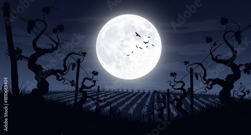 Full moon with spooky vineyard